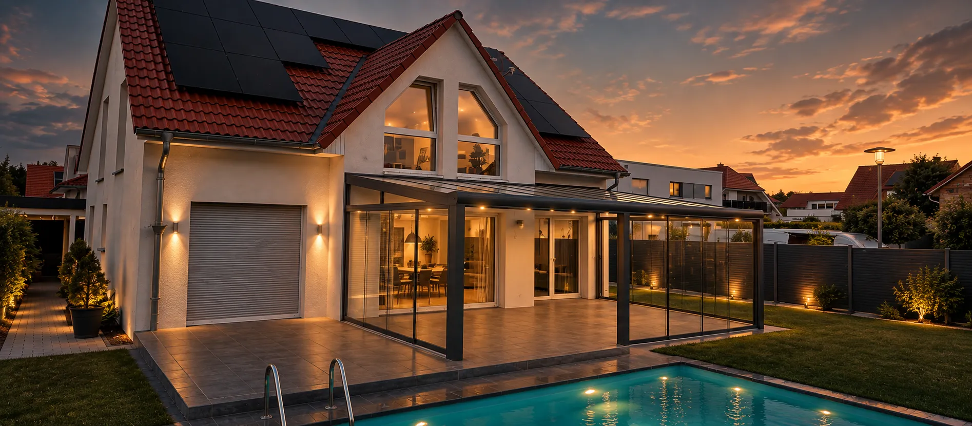 Einfamilienhaus im Abendlicht mit anthrazitfarbener Terrassenüberdachung, geschlossenen Glasschiebewänden und beleuchtetem Pool